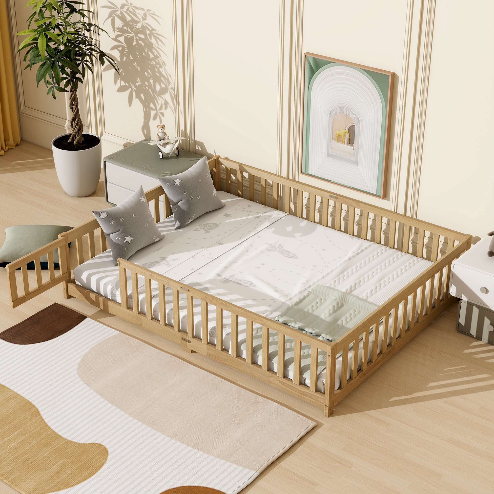 PAPROOS Queen Floor Bed Frame, Wood Floor Platform Bed with Fence and Door, No Box Spring Needed, Modern Queen Size Montessori Floor Bed for Little Girls Boys, Playhouse Bed Frame, Natural