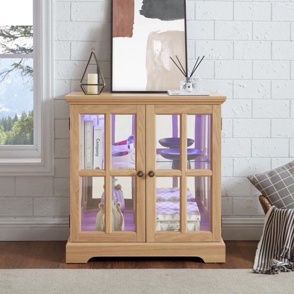 Glass Display Cabinet with LED Light and Remote Control, Modern Storage Cabinet with 2 Doors and Adjustable Glass Shelves, Magnetic Closure, Small Curio Cabinet for Home Decor, Oak