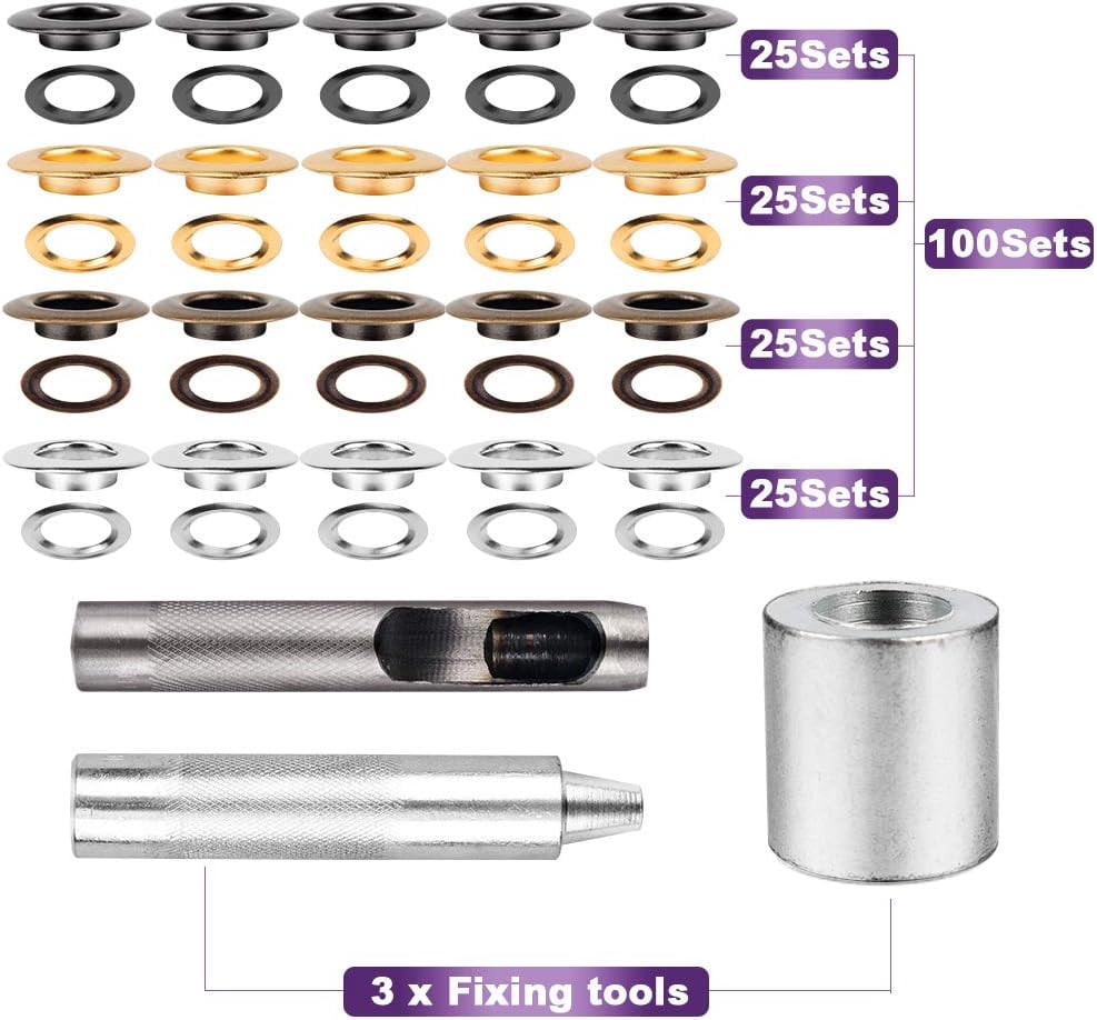 ABCISI 1/2inch Grommet Kit, 100 Sets Grommets Eyelets with 3 Pieces Install Tool Kit, 4 Colors Grommets Kit with Storage Box for Craft Making, Repair and Decoration