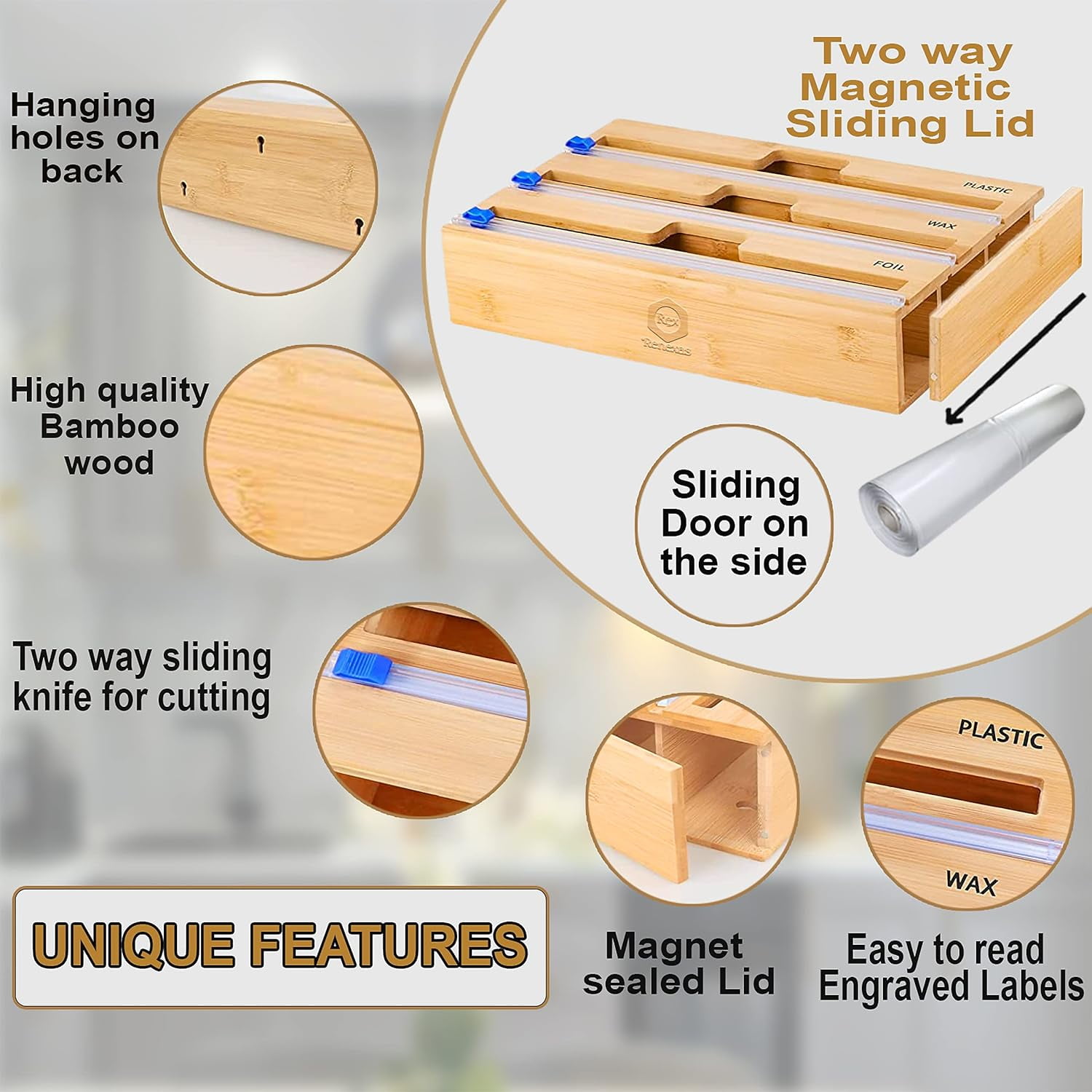 Foil and Plastic Wrap Organizer with Kitchen Wall Aluminum Foil Holder, 3 in 1 Cling Plastic Wrap Dispenser with Cutter and Labels, Bamboo Kitchen Wrap Organizer for Food Storage Drawer Organization