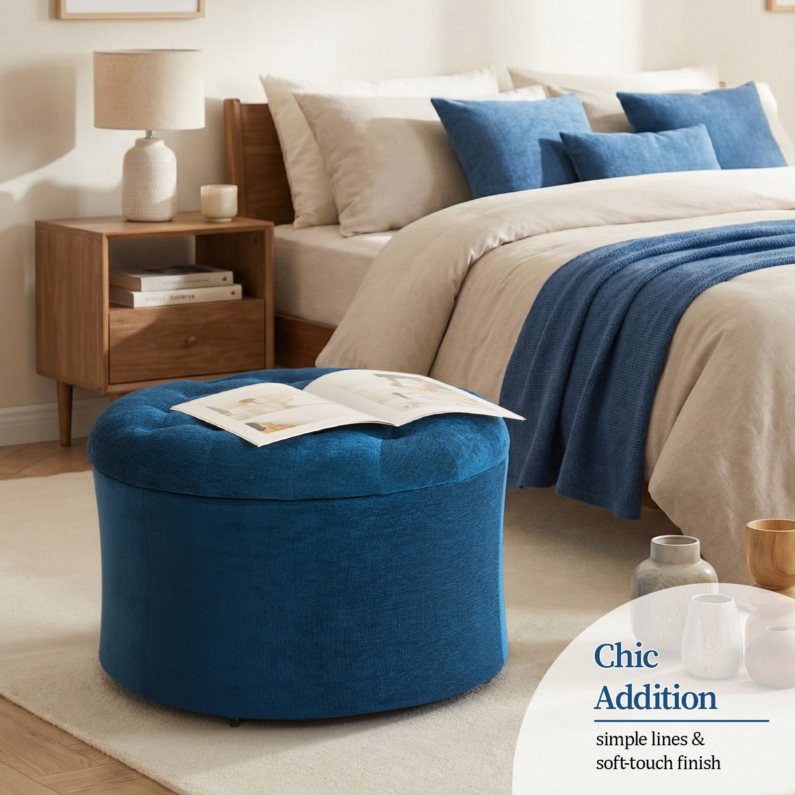 Dovov 25" Tufted Round Ottoman with Storage, Large Storage Ottoman Footrest Flip Top Foot Stool, 220lbs Capacity, Blue