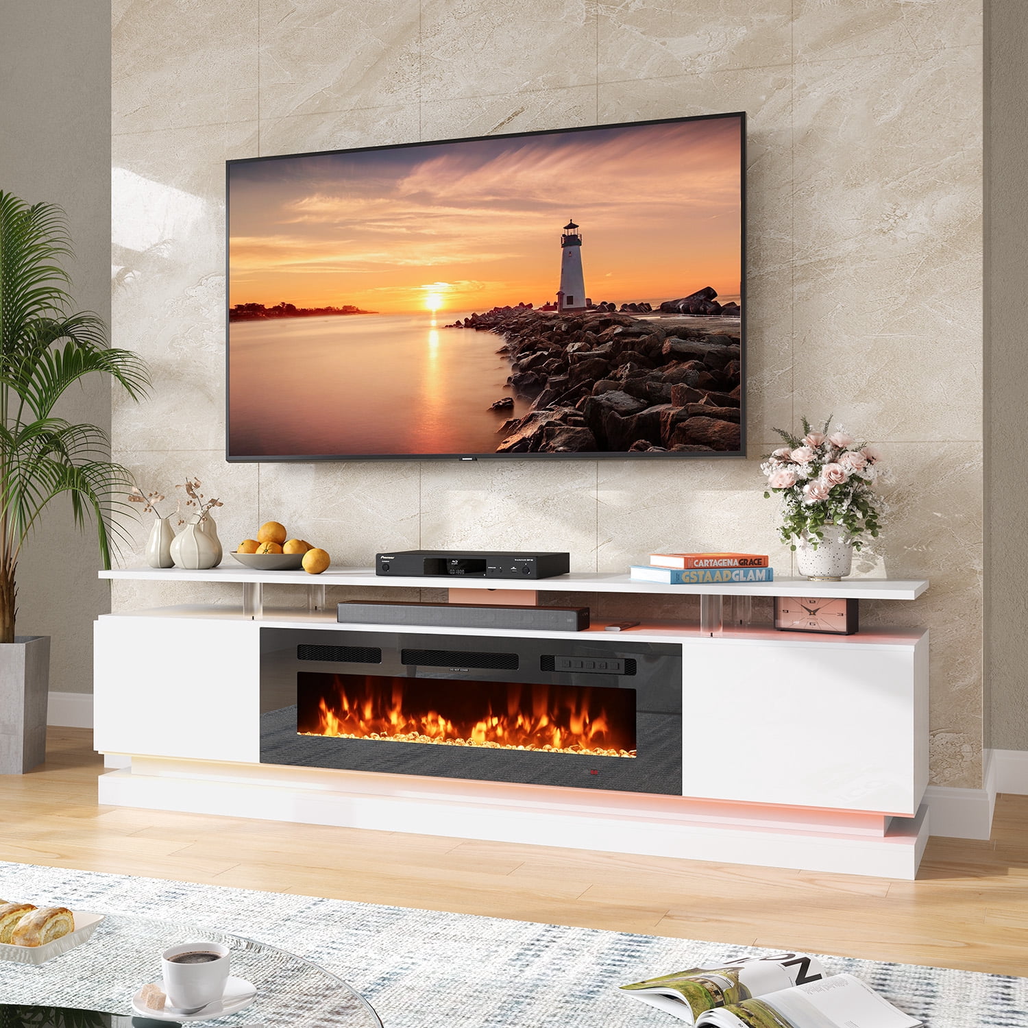 BaPiPro 70" Fireplace TV Stand for TVs up to 80", Modern Entertainment Center TV Console with Storage for Living Room, White TV Stand and Black Fireplace