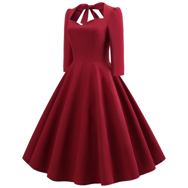 Odeerbi Dresses For Women 2025 Long Sleeve Party Dresseses Solid Color V-Neck Rosette Backless Retro High Waist Makings Dress Burgundy