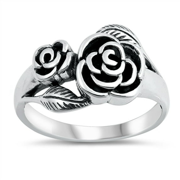 Oxidized Rose Leaf Flower Filigree Floral Ring Sterling Silver Band 925 Jewelry Female Male Size 8