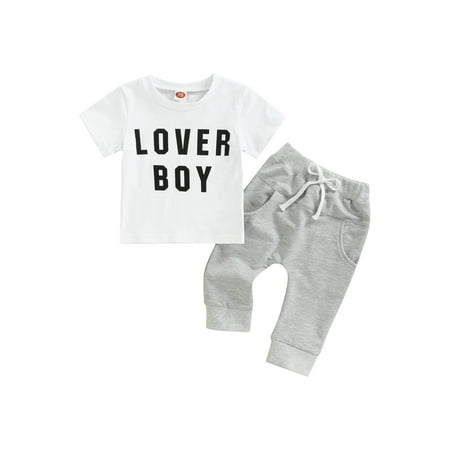 

Canis Toddler Infant Boys 2Pcs Outfit Sets Short Sleeve Letters Printed Round Neck T-Shirt Solid Long Pants Set