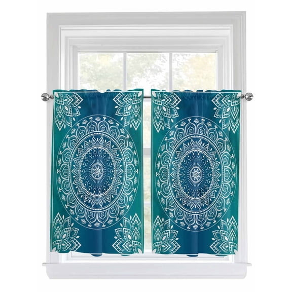 Tier Curtains 45 Inches Long, Teal Blue Boho Window Treatment Curtain Drapes, Retro White Rustic Flower Ethnic Pattern Window Half Privacy Curtains for Bedroom Bathroom, 42"x45", 2 Panels