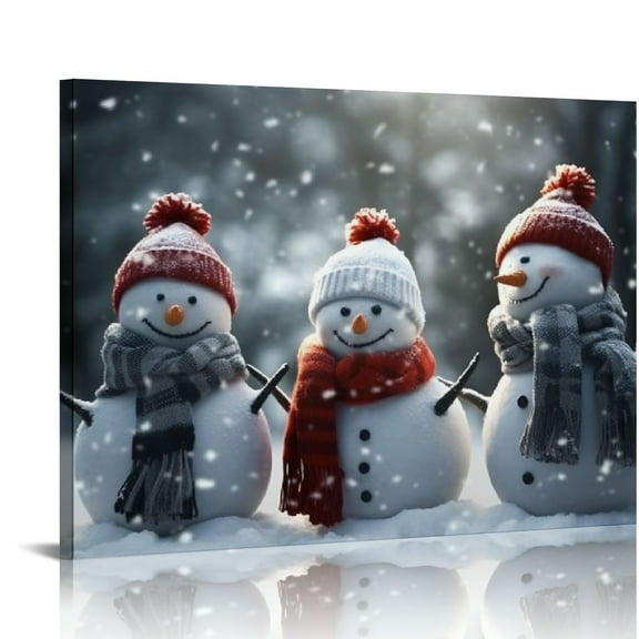 COMIO Christmas Snowman Wall Art Santa Claus Hat Red and White Scarf Posters Christmas Decor Snow Forest Scene Canvas Picture Artwork Painting for Living Bedroom Office Home Decorations 16x20 in
