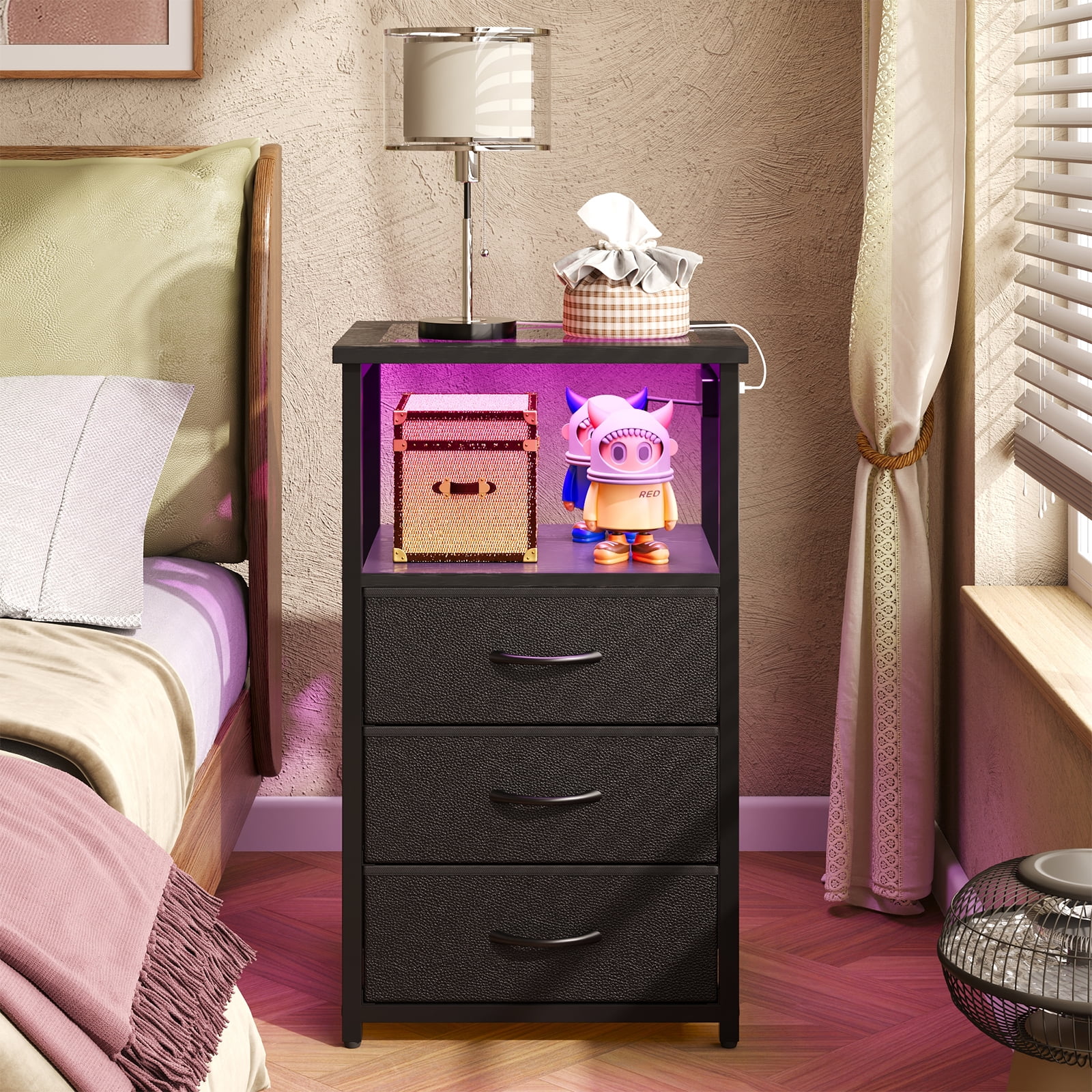 Tomnk Modern Nightstand with LED Lights & Charging Station, Side Table with Tempered Glass Top, USB Ports & Power Outlets, 3 Fabric Drawers for Bedroom, Living Room, Black