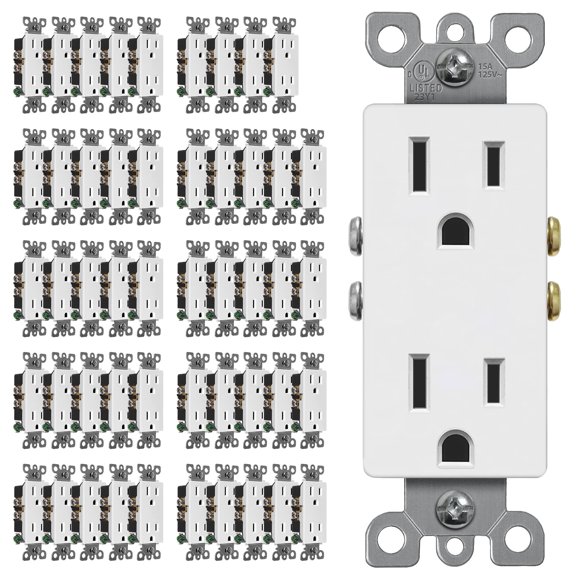 (50 Pack) CML 15 Amp Decorator Wall Receptacle Outlet, Standard Electrical Outlet, Non-Tamper Resistant, 15A/125V, 2 Pole 3 Wire, White, UL Listed