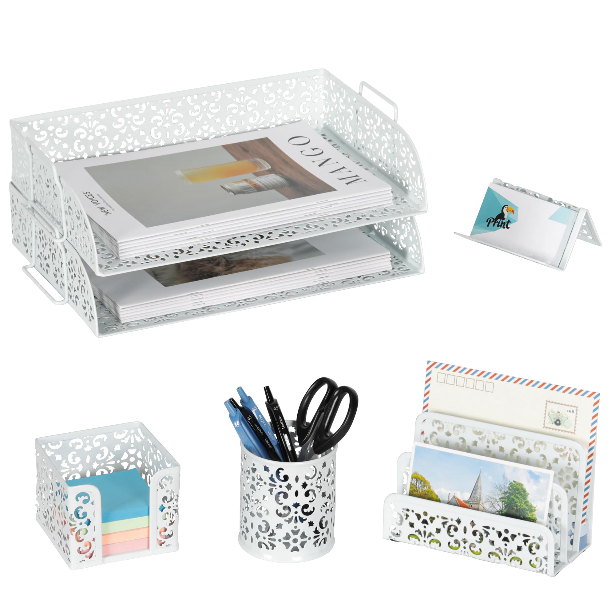 Desk Organizers And Accessories 5 Pieces Office Supplies Set - 2 Tier Paper Tray Pencil Organizer For Mail Sorter Countertop Business Card Holder Sticky Note White