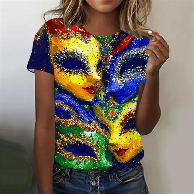 Ounisa 2025 Womens Short Sleeve Tops Mardi Gras Costumes Fashion Round Neck Color Printed Blouse