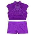 thumbnail image 3 of YONGHS Kids Girls 2 Piece Ballet Dance Gymnastics Sports Tracksuit Sequins Crop Top with Shorts Set Purple 14, 3 of 7