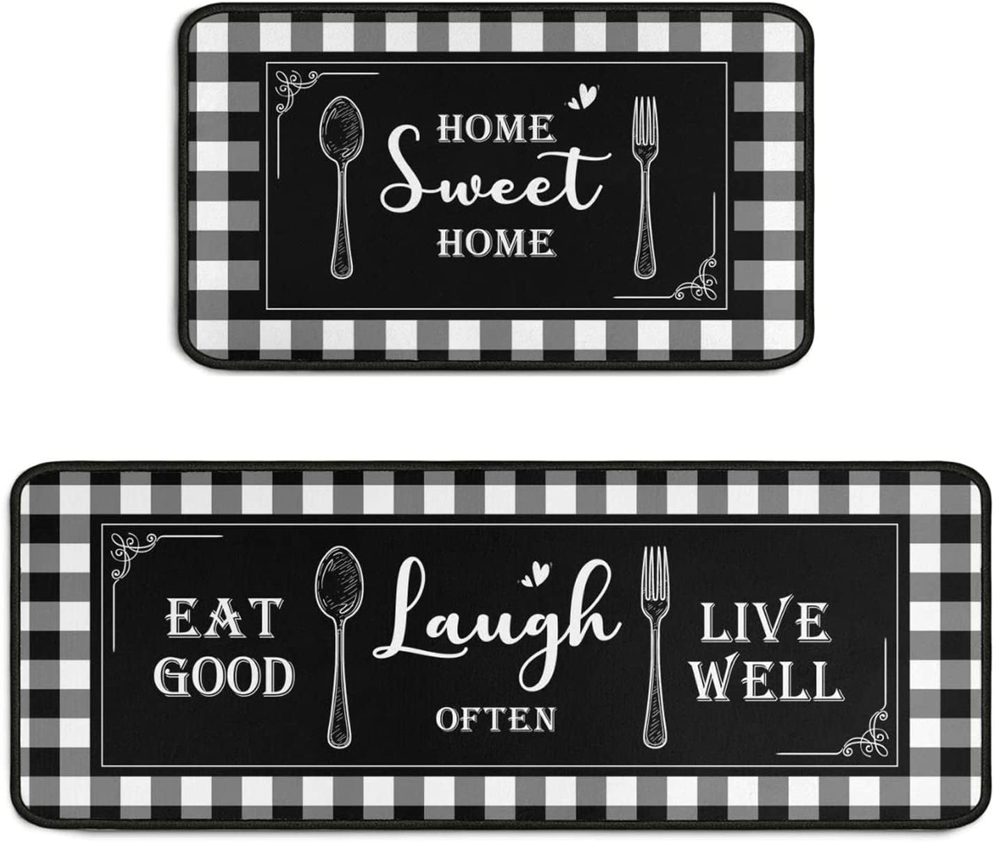 2 Piece Buffalo Plaid Black and White Kitchen Rug Set, Home Kitchen