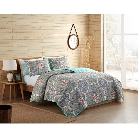 VCNY Home - Ensemble de Courtepointe, Literie Réversible avec Taies d'Oreiller Assorties, Couvre-Lit Léger et Respirant, Décoration de Chambre Douce (Yara Multicolore, Très Grand)