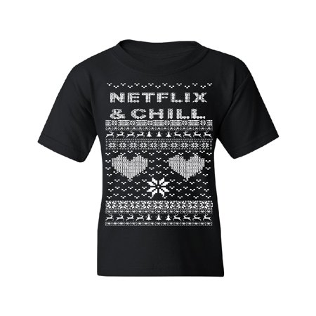 This Christmas On Netflix Netflix and Chill Funny Ugly Christmas Youth T-shirt Black X-Small ()