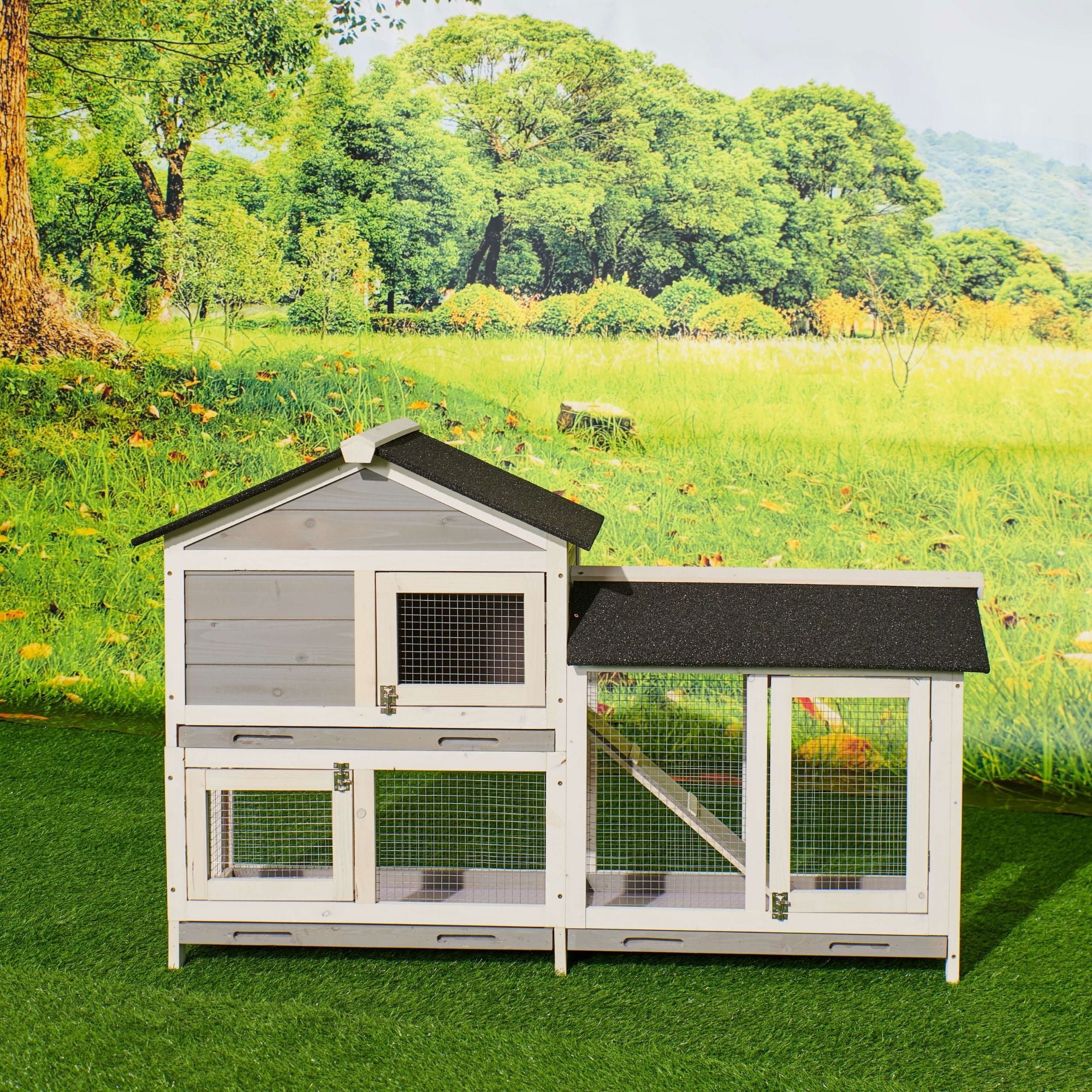 Kepooman 58" Waterproof Wooden Rabbit Cage with Stairs & Cleaning Tray, Bunny Hutch Chicken Coop for Guinea Pig and Small Animals, Gray Kepooman 58" Waterproof Wooden Rabbit Cage with Stairs & Cleaning Tray, Bunny Hutch Chicken Coop for Guinea Pig and Small Animals, Gray