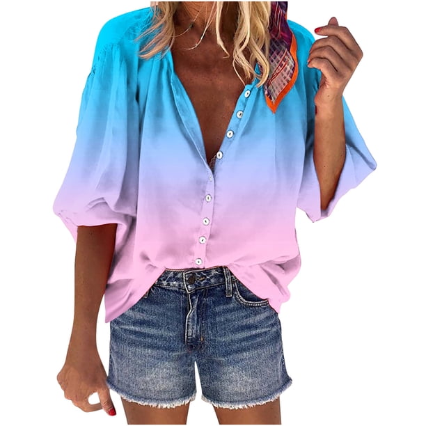 Tops Para Mujer Camisas de Manga Larga Blusas Primavera Y Otoño Camisa Con Estampado de Botones Con Cuello en V Top Suelto Informal Odeerbi ODB147915