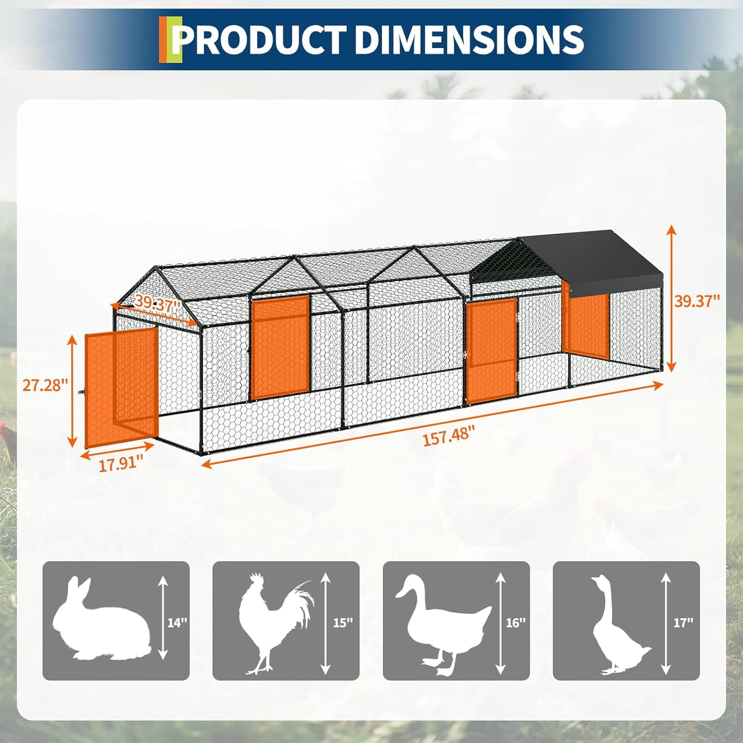 ChaoLink Large Metal Chicken Coop with Waterproof & Anti-UV Cover – 160x40x40 Inches Outdoor Hen House with 4 Doors for Yard, Rabbit, Duck & Goose