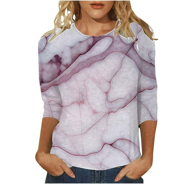 JFHHQ T-Shirt de Sport pour Femmes à Motif Dégradé Doré Col Rond Confortable Coupe Ample Décontractée Manches Trois-Quarts Blanc