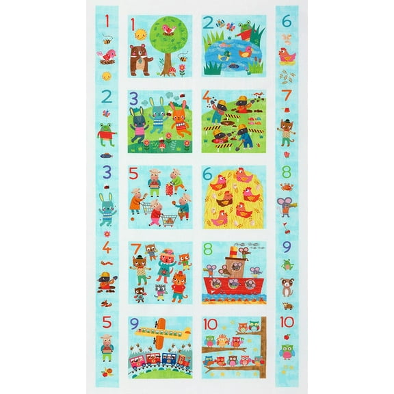 23.5" X 44" Panel Cute Animals Numbers Digits Kids Learning Fun-2-3 Robert Kaufman Aqua Cotton Fabric Panel (RALD-22903-70AQUA)