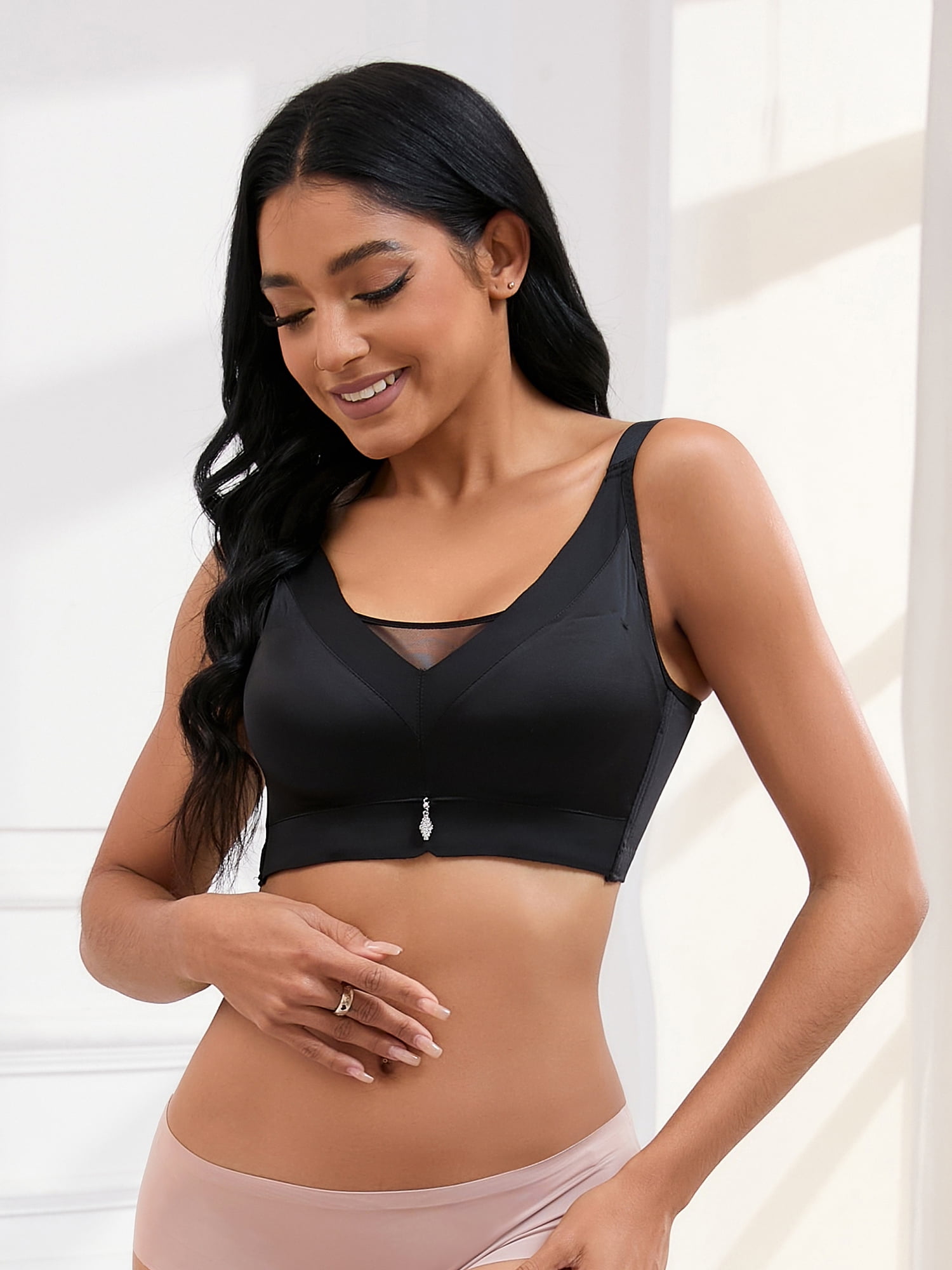 Unique Bargains Women's Wirefree U Back V-Neck Mesh Minimizers Bras XXL Black