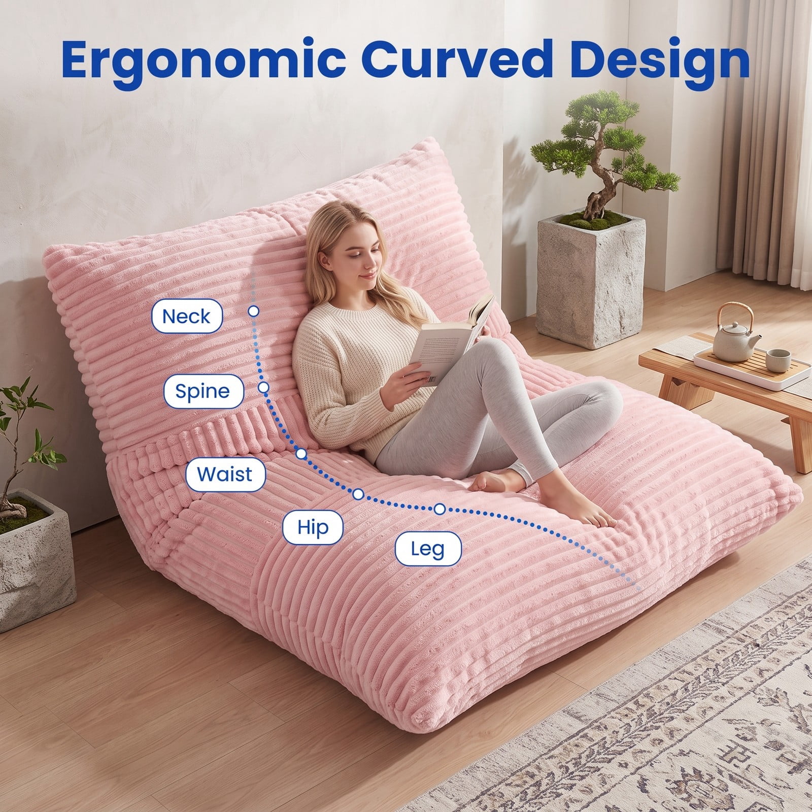Furnibear 3-in-1 Large Bean Bag Chair, Convertible Corduroy Bean Bag Bed Sofa Lounger with Soft Sponge Filling and Removable Zippered Cover for Living Room, Pink