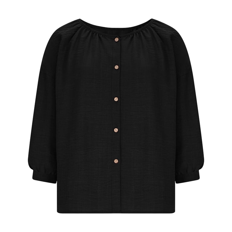 Womens Cotton Linen 3/4 Lantern Sleeve Button Crewneck Blouses