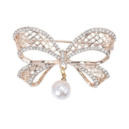Anqbci Women Brooch Faux Pearl Rhinestone Decor Hollow Bow Exquisite Vintage Anti-slip Wear-resistant Coat Collar Hat Scarf Decoration Clothes Pin Garment Jewelry