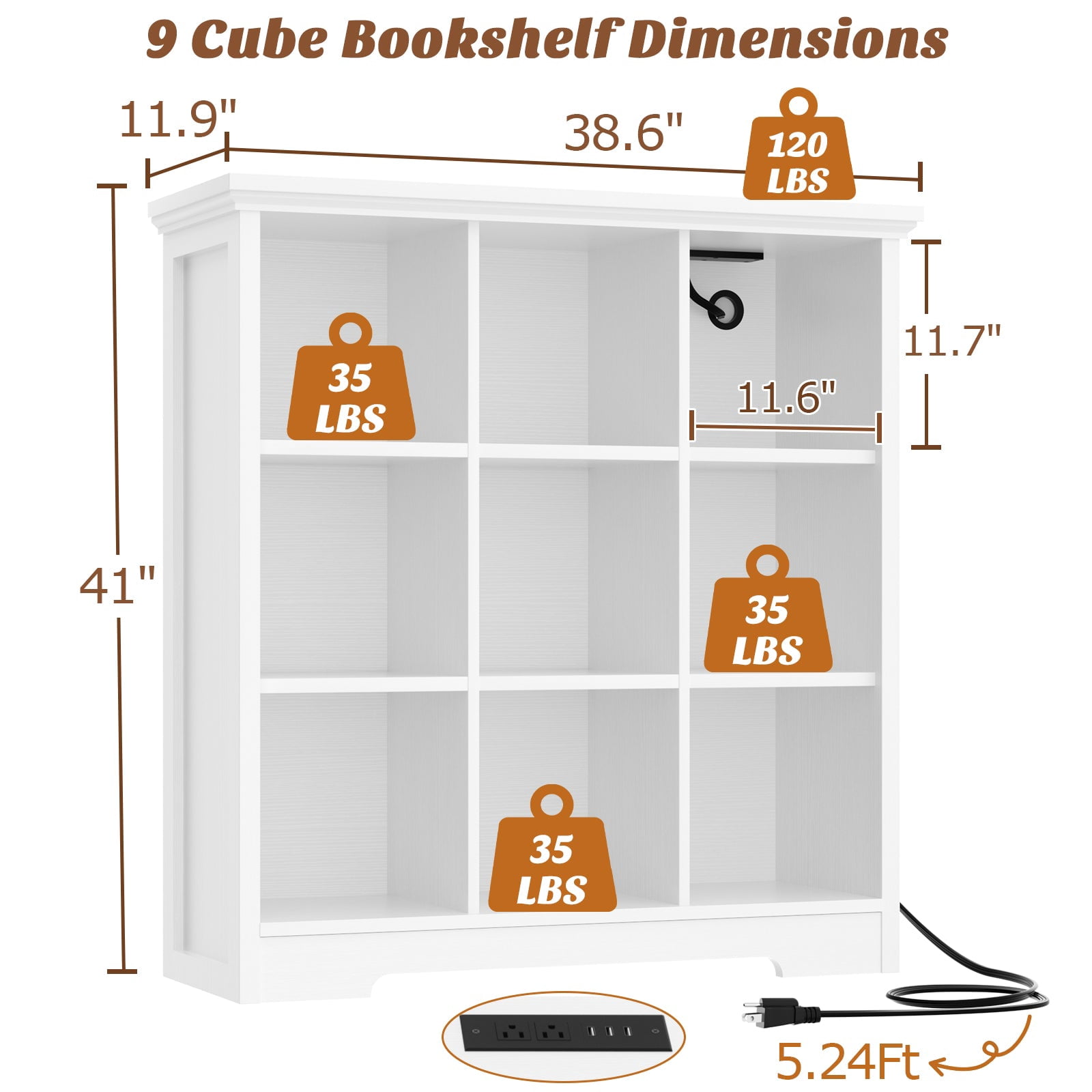 Homieasy 9 Cube Storage Organizer with Charging Station, 41'' Tall Wooden Cube Bookcase for Living Room, Bedroom, White