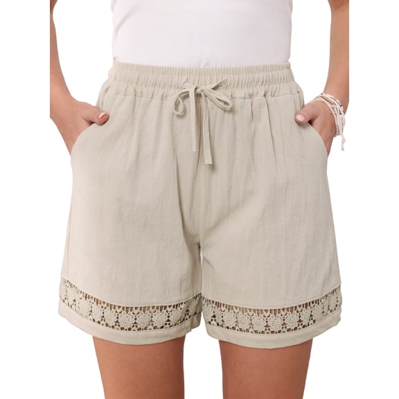 INSPIRE CHIC Line Shorts for Women's Casual Summer Elastic High Waisted Drawstring Wide Leg Shorts with Pockets XS Beige