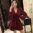thumbnail image 4 of Vestido de mujer con cuello en V y cintura alta Vestido de niña tipo corbatín suelto, M, rojo vino seitruly AP001519-01B, 4 of 7