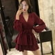 thumbnail image 4 of Vestido de mujer con cuello en V y cintura alta Vestido de niña tipo corbatín suelto, M, rojo vino kenally AP001519-01B, 4 of 7