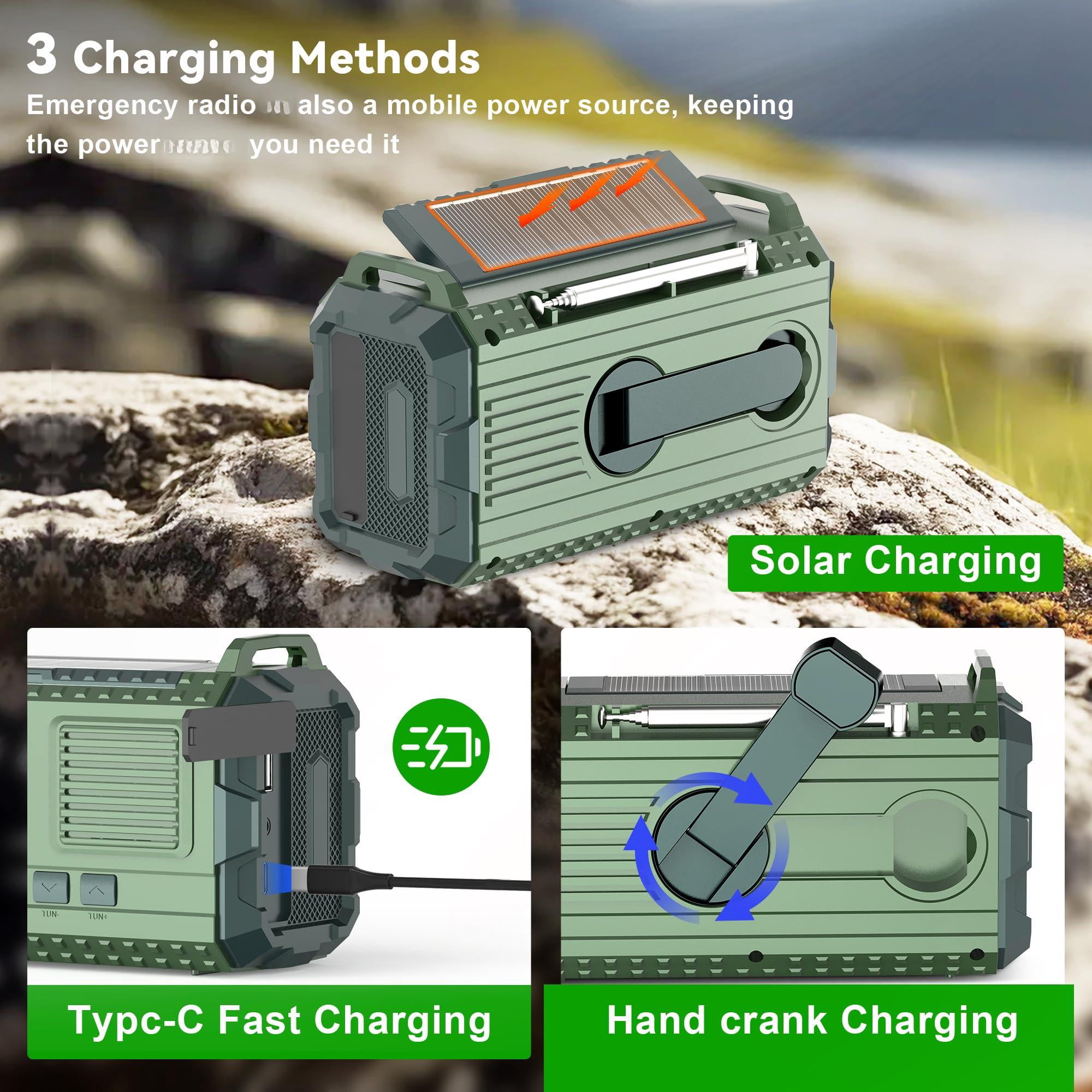 Emergency Weather Radio - Am/fm/noaa Hand Crank With 15w Fast Charge  40000mah Portable Solar Power Multi-function Flashlight & Sos Alarm For Outdoor Indoor Emergencies (green)