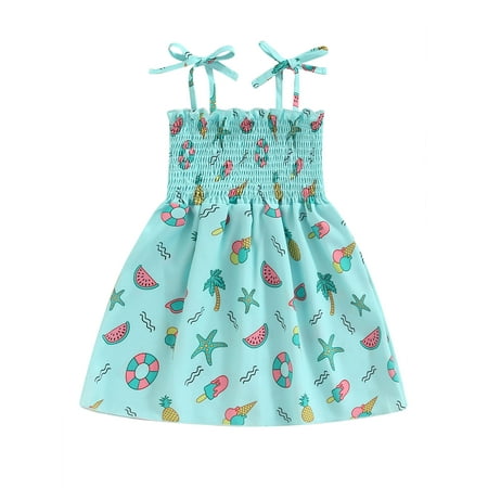 

Gureui Toddler Infant Baby Girls Summer Dress Sleeveless Tie Up Sling Shoulder Straps Pleated Elastic Chest Printed One Piece High Waist Skirt