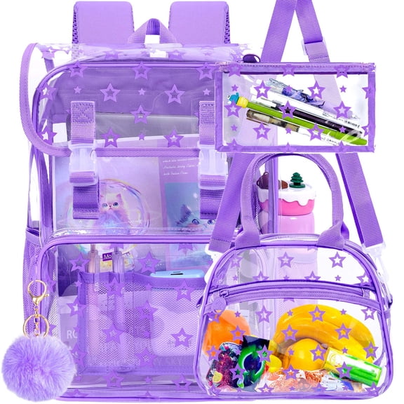 17" Clear Backpack for Girls - 3Pcs Flip Design Stadium Approved Set, Campus/Travel Transparent Bookbag (Purple)