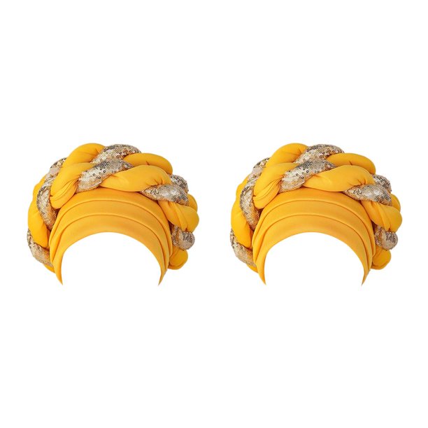 Qarigey Women African Turban Head Wrap Head Hair Braid Beanie Cover Scarf Sequin 2piezas Amarillo 56 a 58 cm