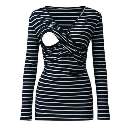 

Baycosin Maternity Tees Tops Summer Long Sleeve Stripes V Neck Women Blouse Casual Tops For Breastfeeding