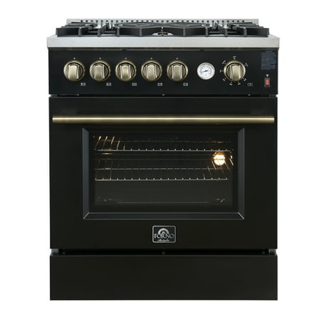 Giovanni 30-inch Gas Range Black & Antique Brass Design, 5 Burners 67,000 BTU, 4.32 cu.ft. Convection Oven