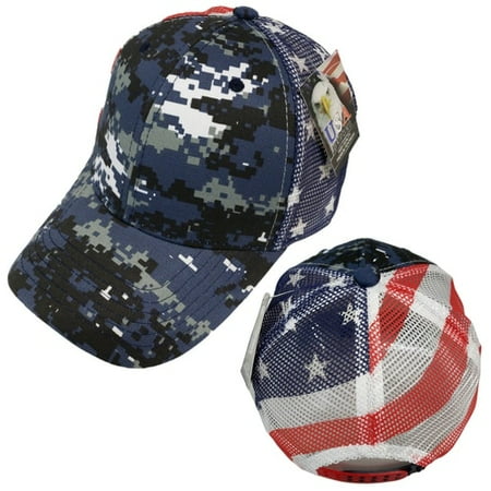 Military Digital Camo Blue Summer Mesh USA Flag Trucker Hat Adjustable