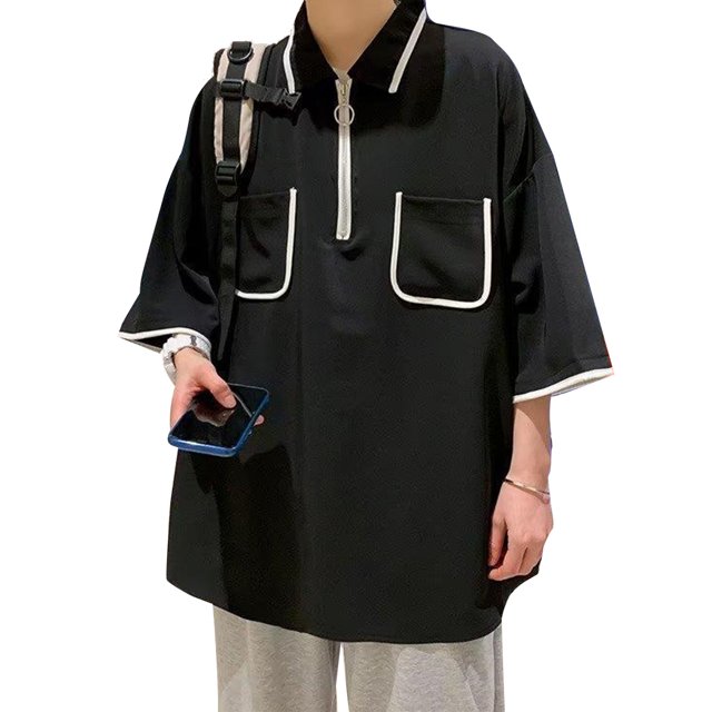Camisa de manga corta con media cremallera de verano para hombre Blusa holgada informal con cuello vuelto y bolsillo en el pecho Negro XL