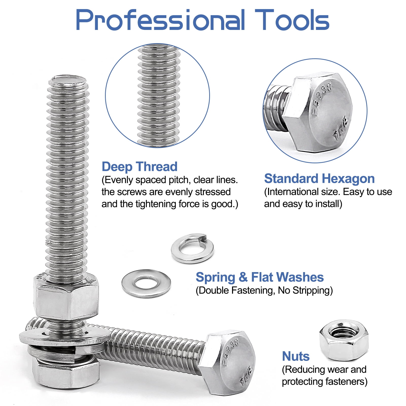 cyrico 252 Pcs Nuts and Bolts Assortment Kit, 304 Stainless Steel Hex Bolts and Nuts Washers Kit, 12 Size 1/4-20 5/16-18 3/8-16 Machine Screw Set Full Thread with Storage Case