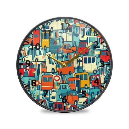 Busy City Traffic Scene Wall Clock Modern Decor Acrylic Clock Golden Hands 9.5in