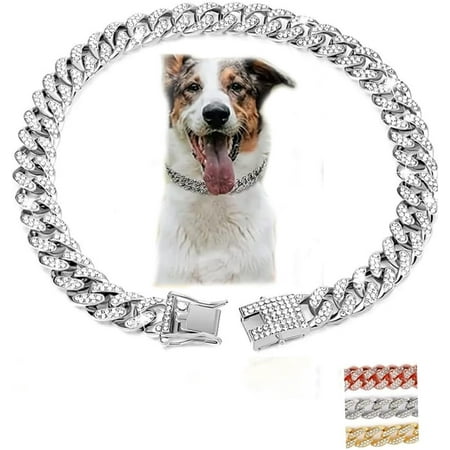 Wellsay Gold Dog Necklace for Large Dogs Dog Chain Collars  Diamond Metal Bling Choke Cuban Link Dog Collar  1m Wide Pet Jewelry for Puppy Small Medium Large Dogs (22inch)
