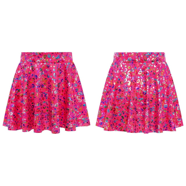 TiaoBug Girls Flared Pleated A-Line Skirts Shiny Metallic Dance Performance Costume Cheerleading Uniform Hot Pink XXS