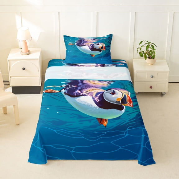 jejeloiu Cute Swimming Puffin Twin Sheets,Ocean Animals Bedding For Boys,Blue Teal,3-Piece,1 Fitted Sheet and 1 Pillowcase