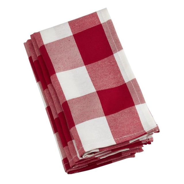 SARO 20 in. Square Buffalo Plaid Check Pattern Design Cotton Napkins - Red & White Set of 4