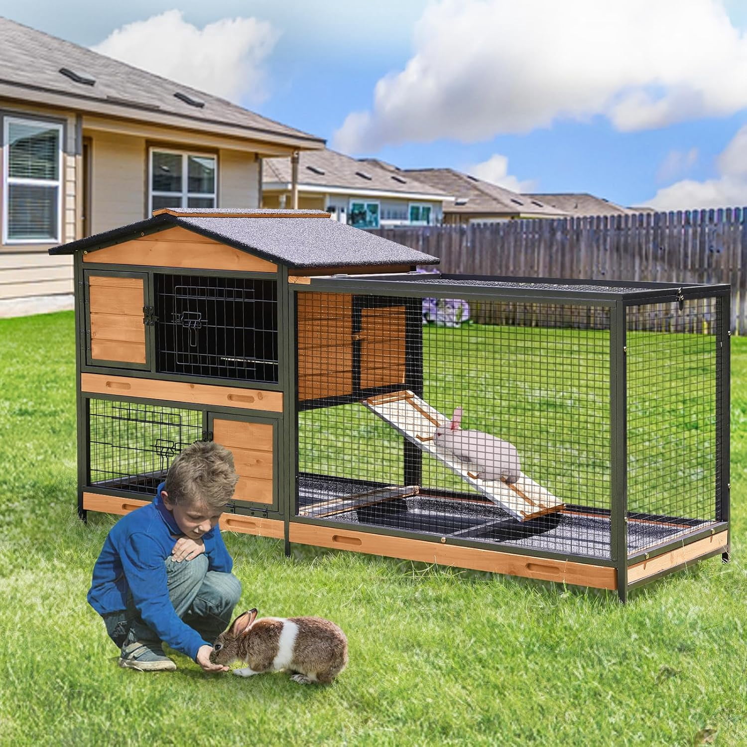 BUTINGLALE Rabbit Cage,Indoor Rabbit Hutch with Matel Frame and Pull Out Tray,Rabbit Hutch Chicken Coop with Run (Orange)