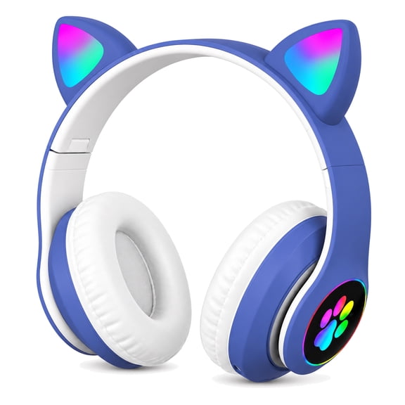 LUEYL Cat Ear Bluetooth Headphones for Kids, LED Lights, Built-in Mic, Foldable Over-Ear Headset with 3.5mm Wired Option for Music and Travel, Blue