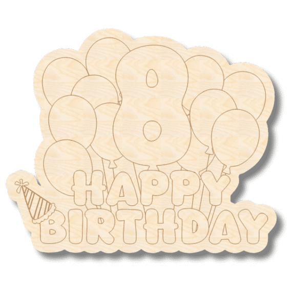 Unfinished Wood Etched 8th Birthday Balloons Shape | Paint By Line Crafts 5" / 1/8"