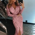 thumbnail image 2 of Telankuip Womens Sequin Midi Dresses Trendy Knee Length Sparkly Glitter Ruched Party Club Dressy Long Sleeve Wrap V-Neck Side Split Stretch Tight Solid Bodycon Dress Pink L, 2 of 7